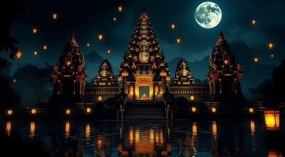 古寺夜月映灯笼