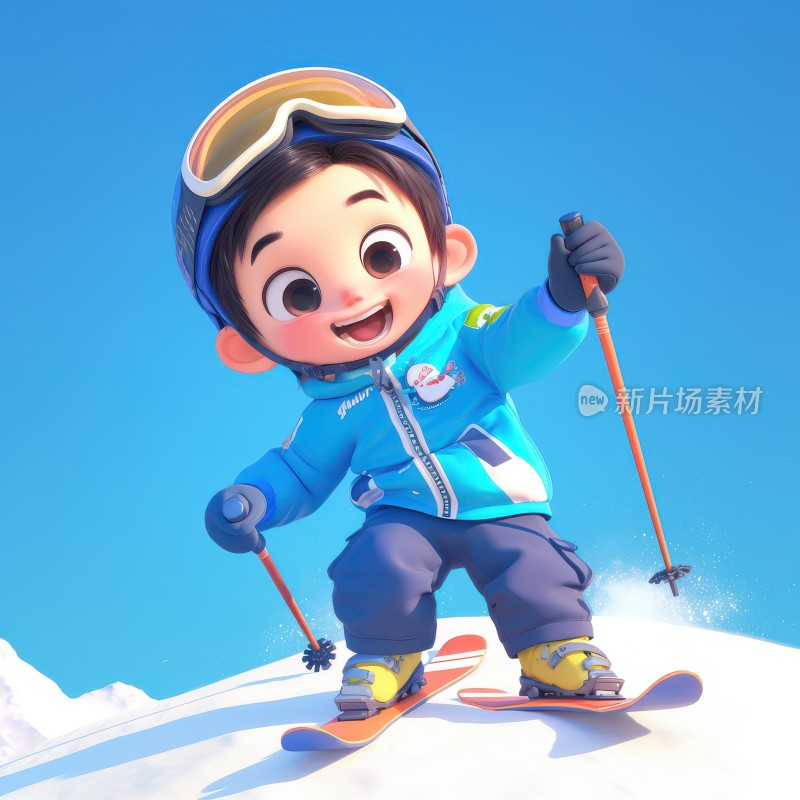 冬季雪地滑雪的男孩女孩3D卡通人物插画