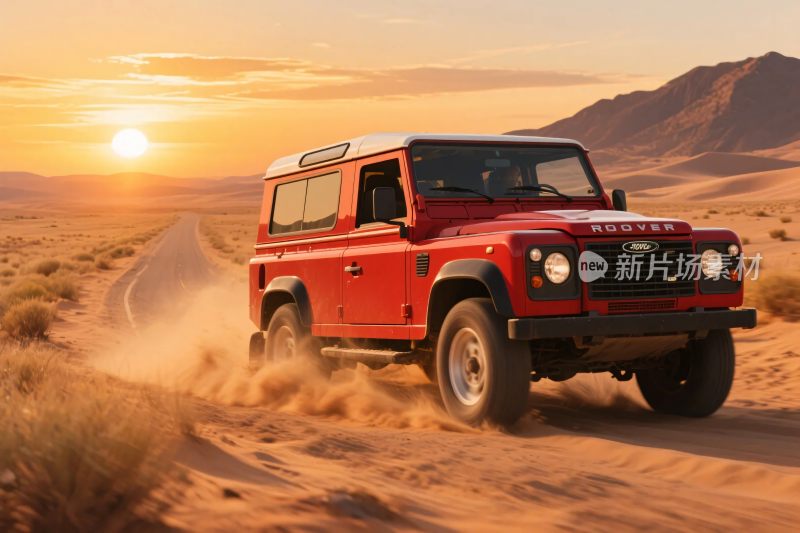 沙漠中行驶的红色越野车