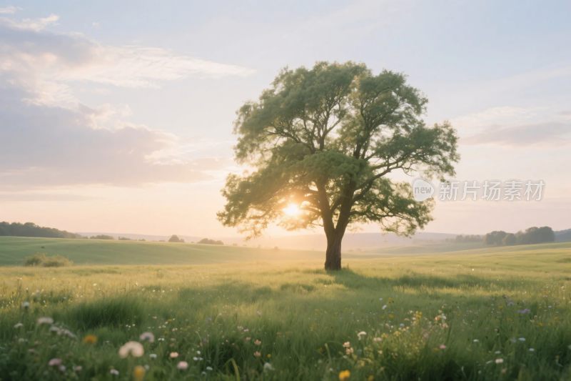 草地树夕阳风景