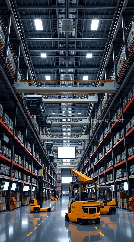 仓储物流中心黄色叉车忙碌作业