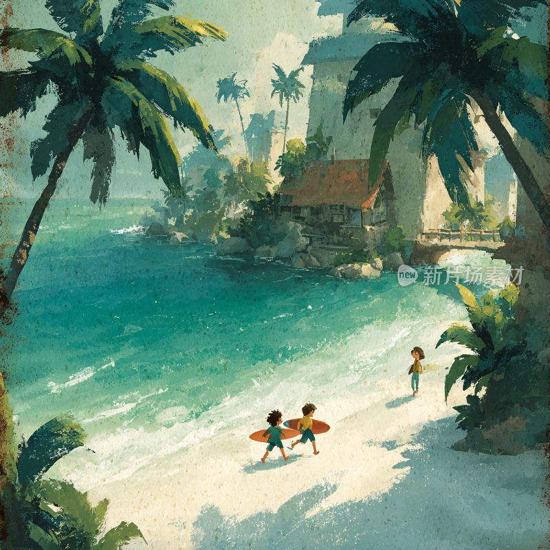 海边童趣插画风景