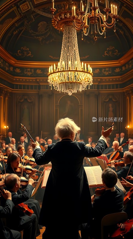指挥家引领交响乐团华丽大厅里的音乐盛宴