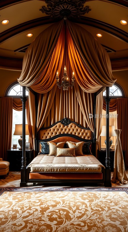金色卧室豪华床铺精美吊灯优雅窗帘温馨氛围