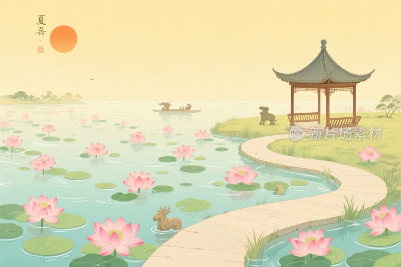 古风荷塘风景插画