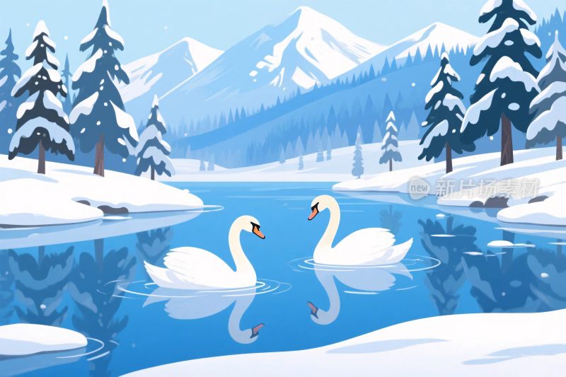 冬日湖畔天鹅雪景