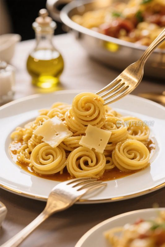 精致摆盘的螺旋意大利面