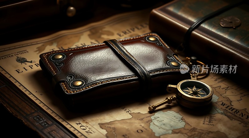 皮革钱包指南针地图