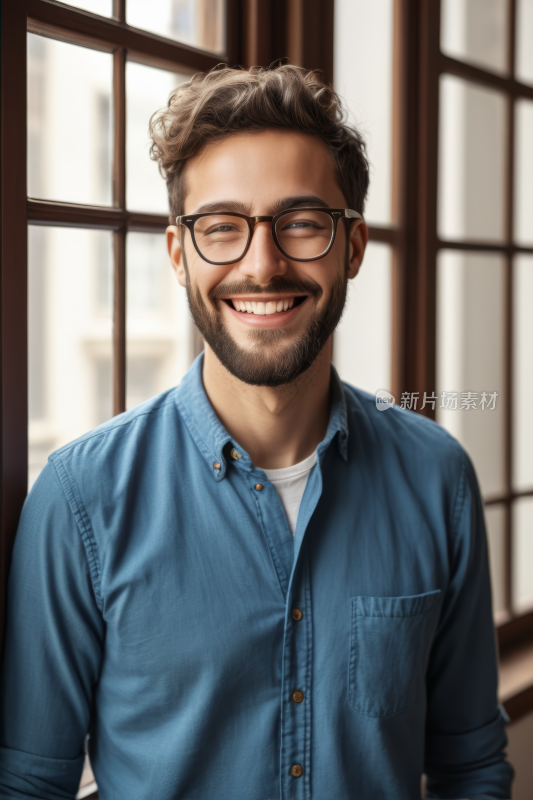 穿着蓝色衬衫和眼镜的微笑男子站在窗边图片