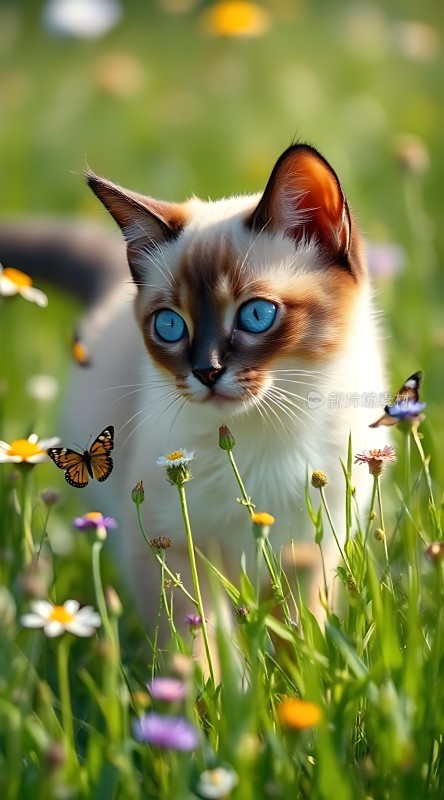 蓝眼睛小猫在花丛中漫步