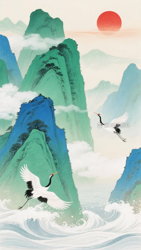 山水间双鹤伴红日图景