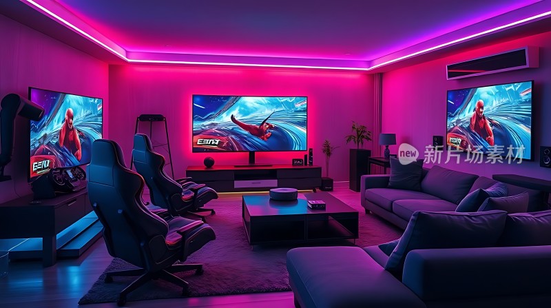 电竞游戏室紫色灯光下的沉浸式体验