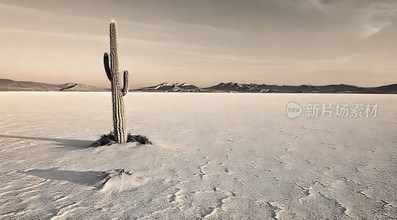 雪地中的孤独仙人掌