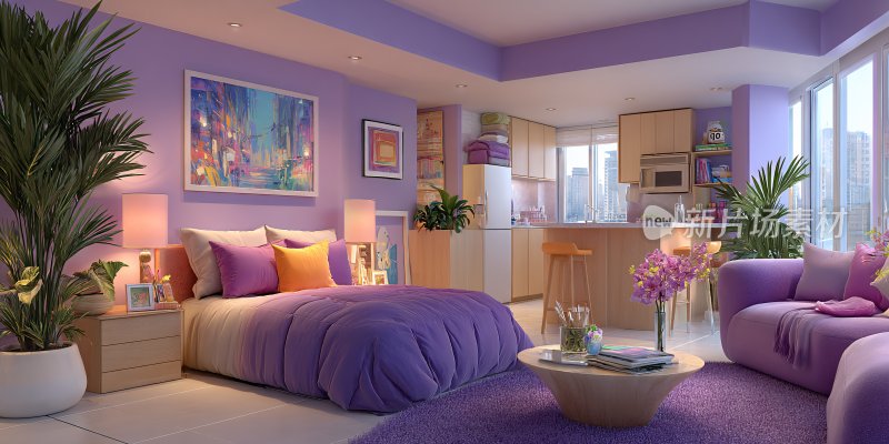 紫色调温馨家居室内场景