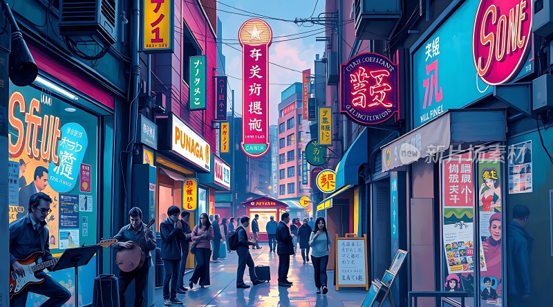 霓虹闪烁下的繁华街头音乐与生活交织
