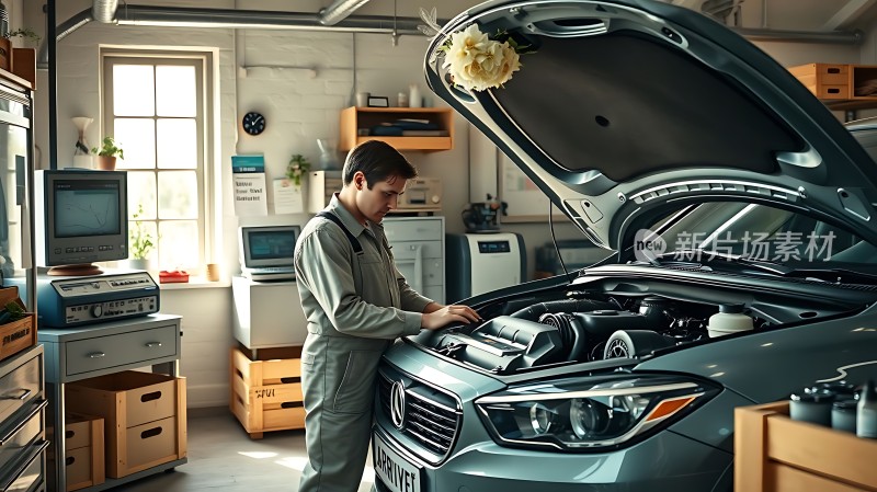 汽车维修工专注检查引擎盖下的发动机