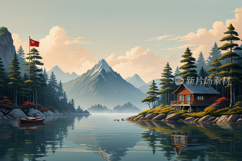 湖上的一艘船一座高山清风景插画图片