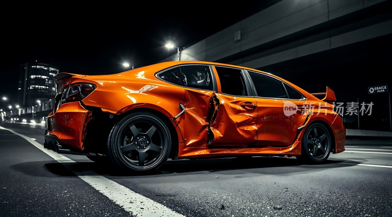 橙色轿车侧翻街头车身严重变形夜晚路灯下更显凄凉