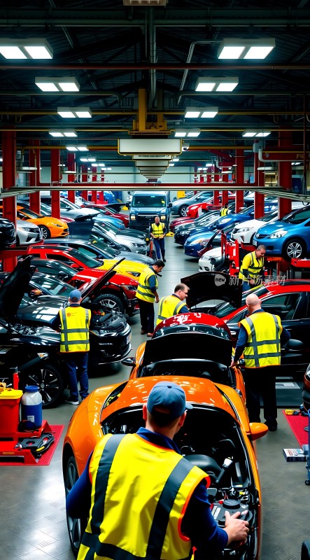 车间内工人们正在检查和维修汽车