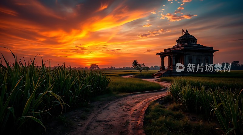 日落下的稻田小路和庙宇