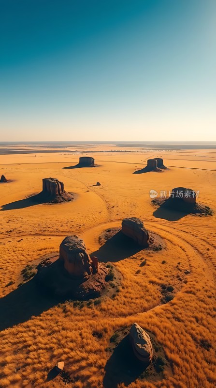 金色沙漠奇石林立阳光下的自然美景