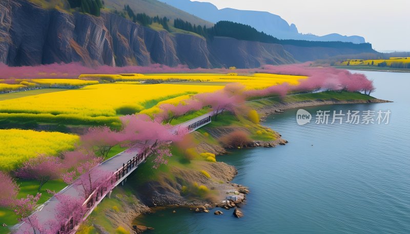 春日油菜花田与粉红樱花