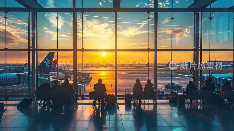 机场日落时分旅客们坐在候机厅内等待登机