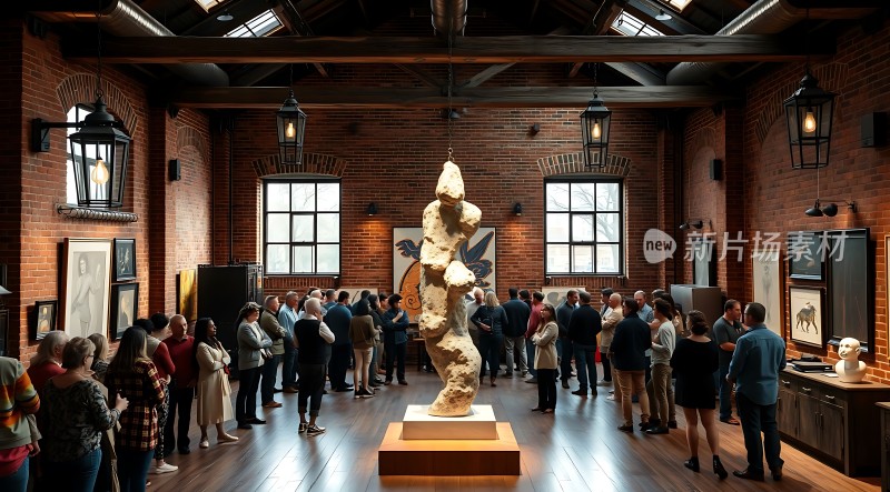 艺术馆内参观者聚集欣赏精美雕塑与画作