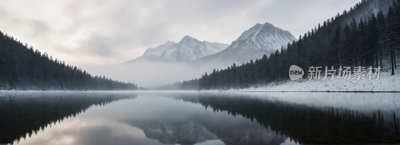 一个湖泊的景色一座高山清风景横幅图片