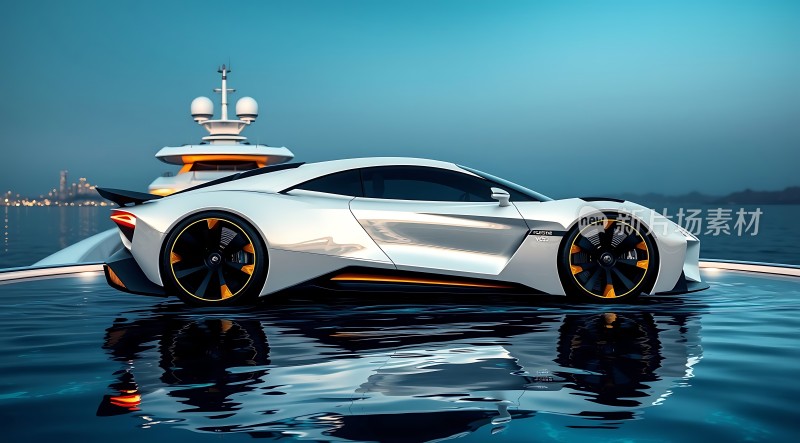 未来座驾白色流线型跑车与豪华游艇