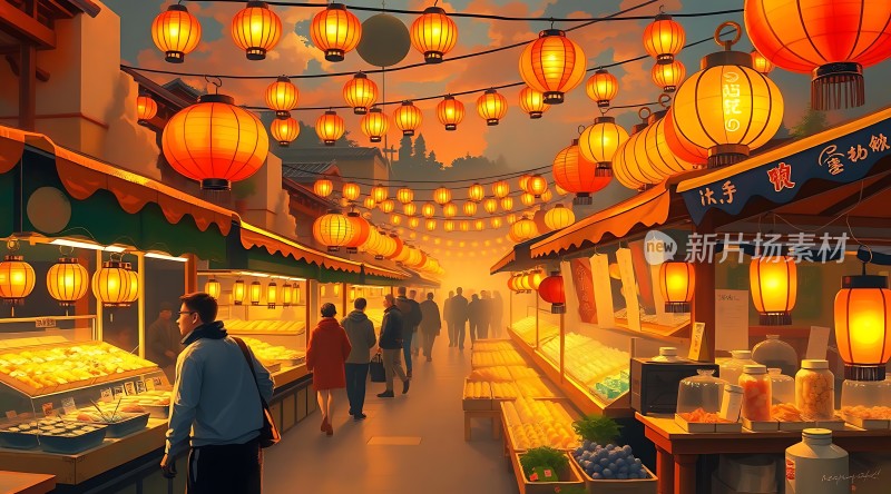 夜市灯笼下的繁华街景