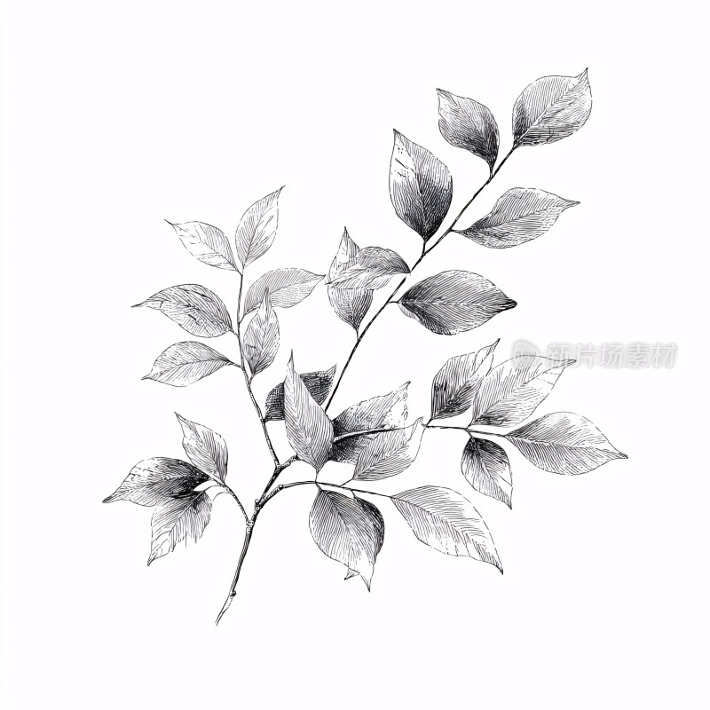 黑白手绘植物枝叶插画