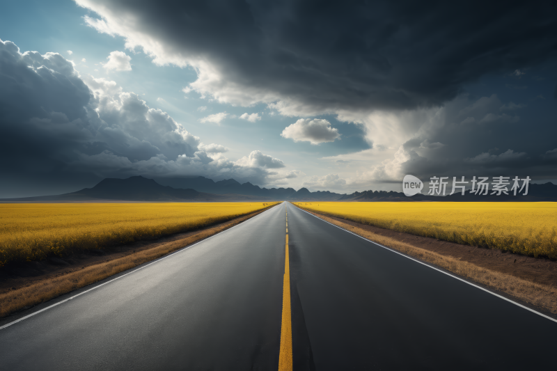 道路草地黄天空阴云密布风光风景图片