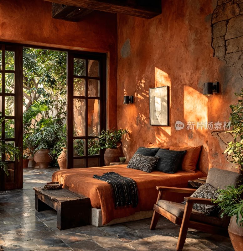 暖色调室内卧室与绿植景观