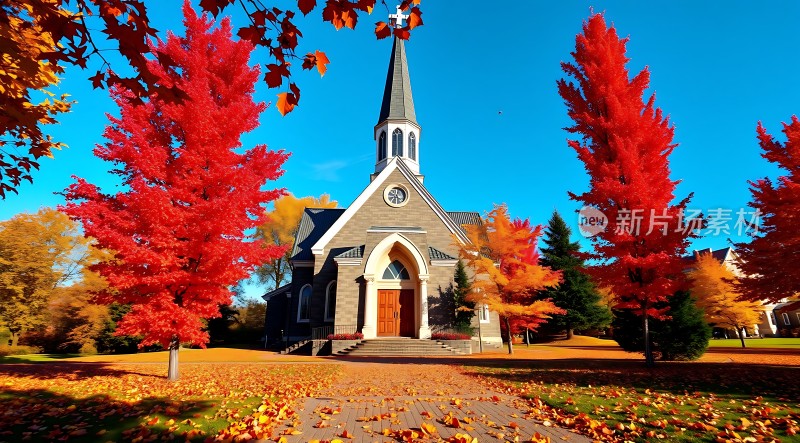 秋日教堂红枫映照