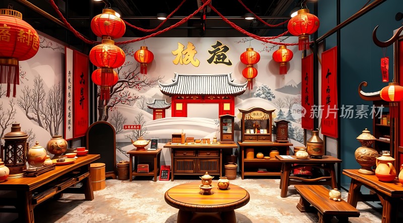 古风茶馆红灯笼映照下的传统韵味
