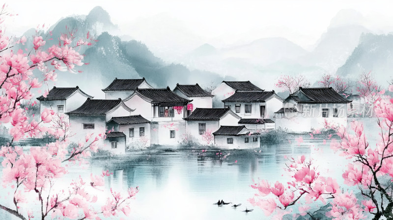 江南山水桃花水墨国风插画背景