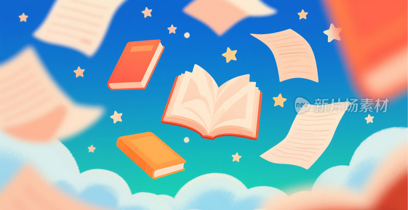 云朵上漂浮的书本插画