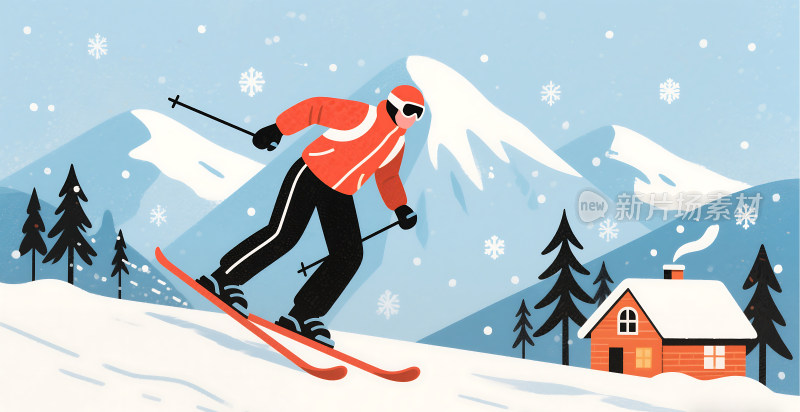 冬天雪景滑雪插画背景