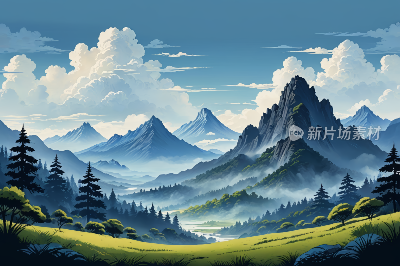 山景河图高清风景插画图片