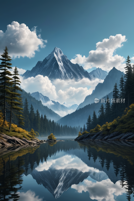 一座山前景是湖泊和树木高清风景插图片