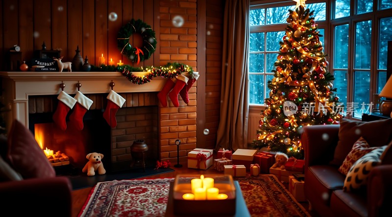 温馨圣诞壁炉旁的节日盛宴
