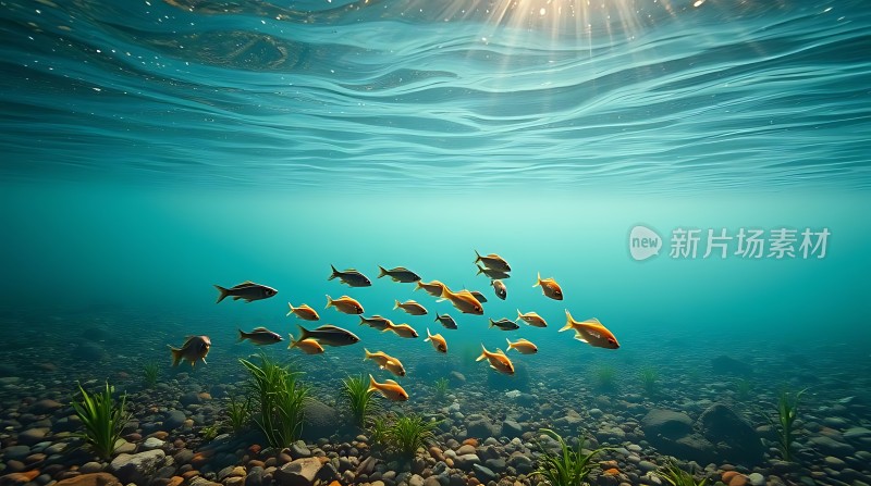 阳光下的鱼群在水下畅游