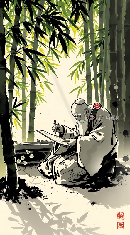 竹影下的智者沉思