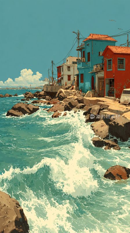 海边彩色房屋与汹涌海浪景象