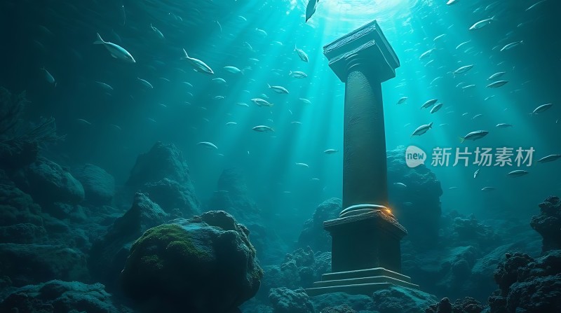 水下遗迹神秘柱石与海洋生物