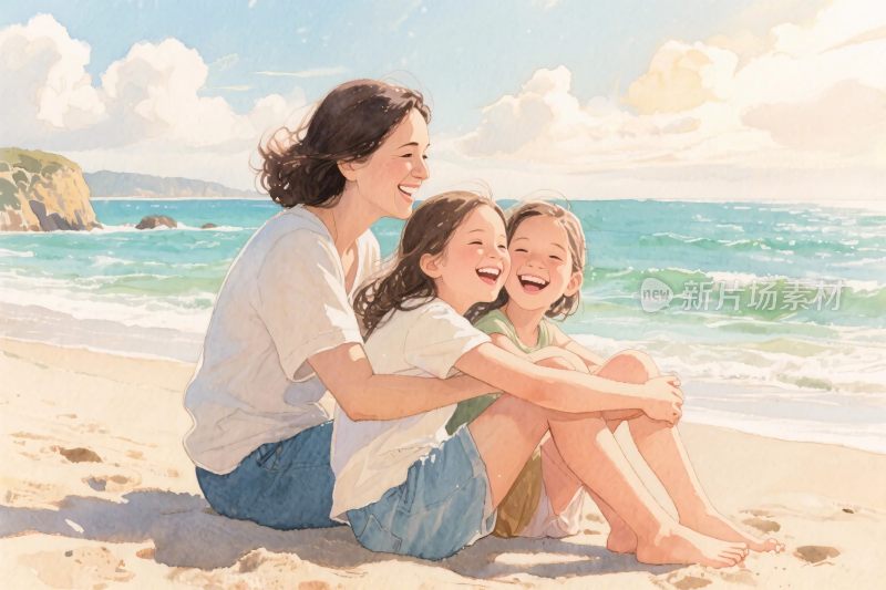 海边亲子插画