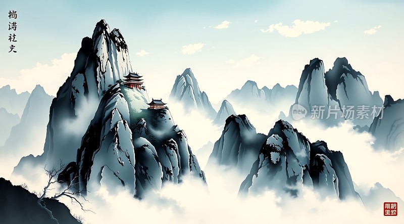 云雾缭绕的山峰古建筑