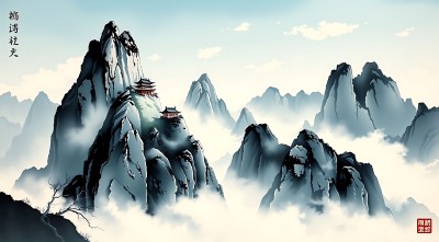 云雾缭绕的山峰古建筑 云雾缭绕的山峰古建筑