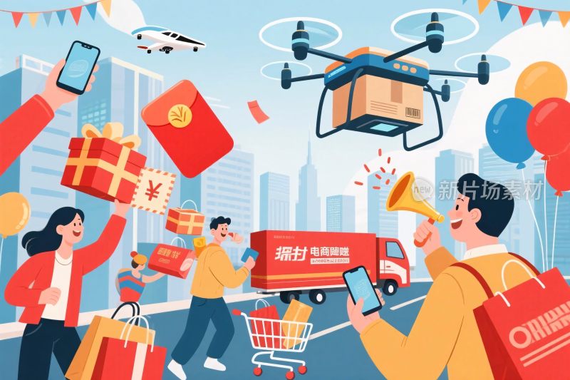 无人机快递配送场景插画